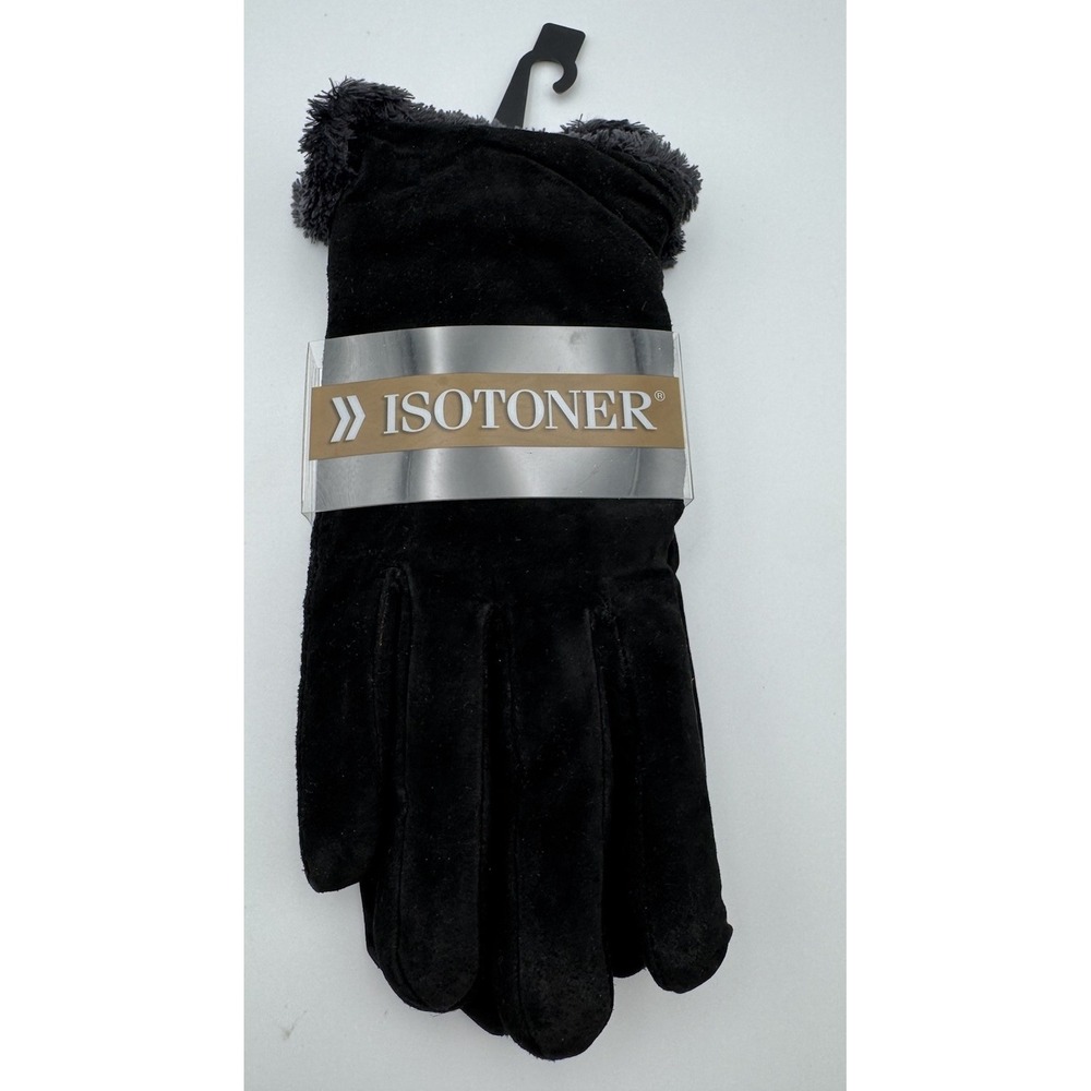 Isotoner Women's Black Faux Suede Everyday Gloves Faux Fur Trim Sz M NWT